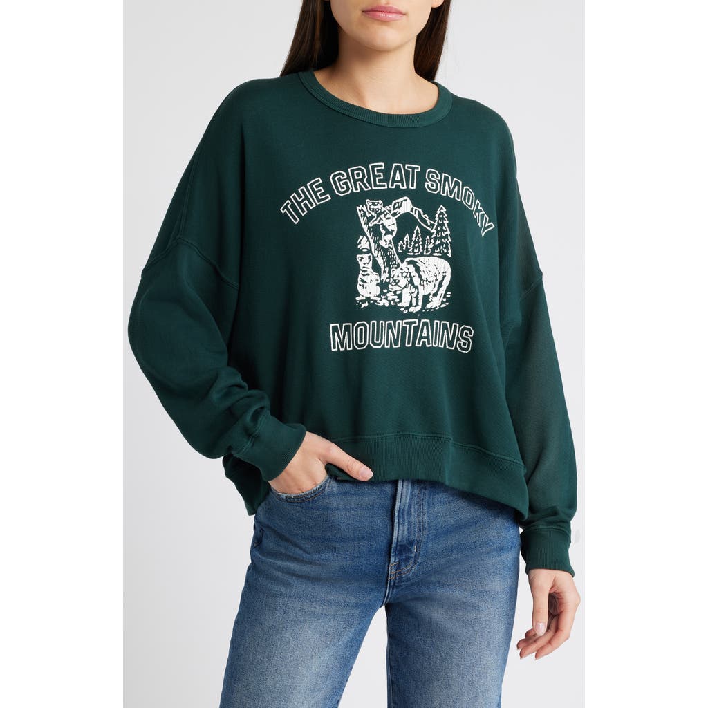 THE GREAT. The Teammate Great Smoky Mountains Graphic Cotton Sweatshirt in Winter Pine