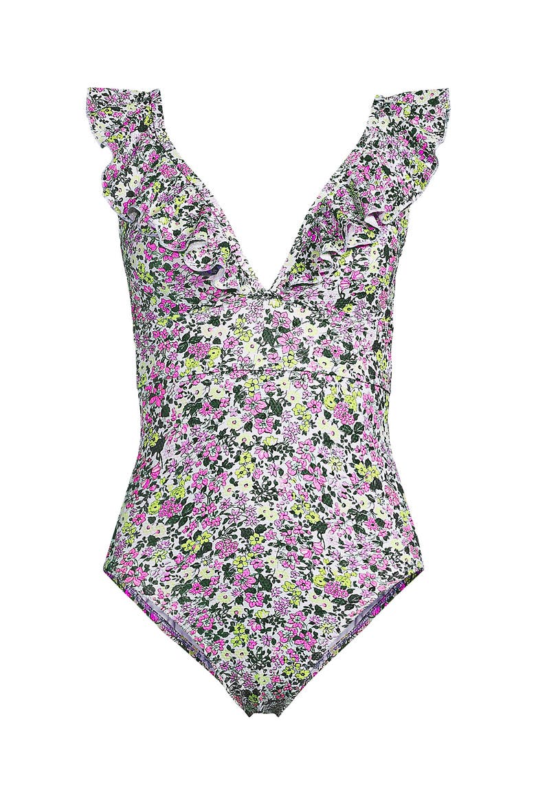 Pique Ruffle One Piece Swimsuit, Alternate, color, White Multi Ditsy Floral
