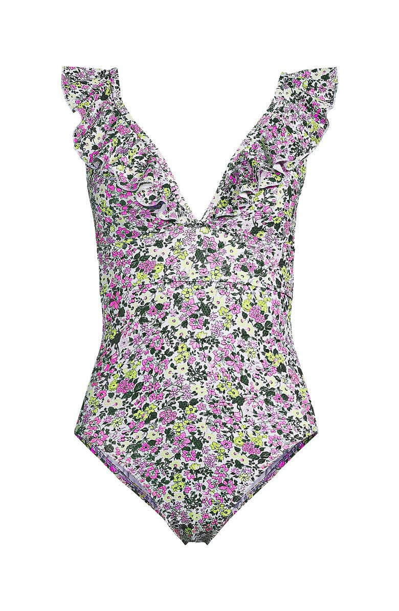 Lands' End Pique Ruffle One Piece Swimsuit, Alternate, color, White Multi Ditsy Floral