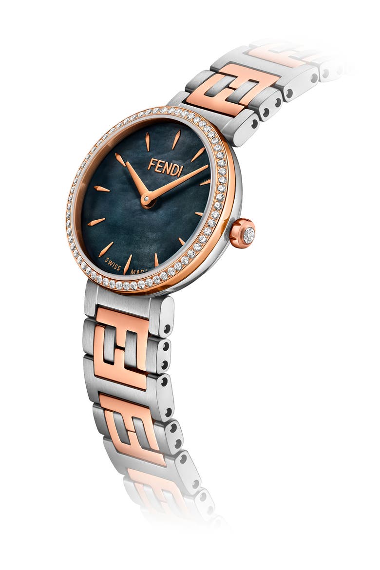 Forever Fendi Two Tone Diamond Quartz Bracelet Watch, 19mm - 0.16 ctw, Alternate, color, TWO TONE