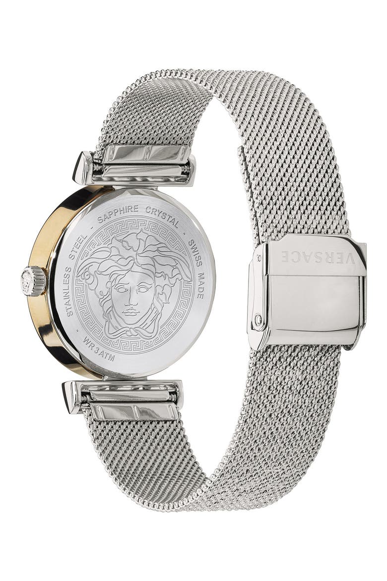 Greca Detailed Mesh Band Watch, 34mm, Alternate, color, SILVER/ BLUE/
