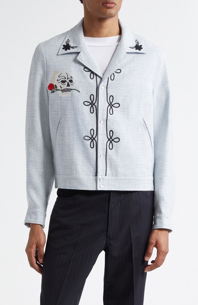 Second Layer Flora Embroidered Houndstooth Virgin Wool Shirt Jacket, Main, color, Light Blue/ Ivory 1194