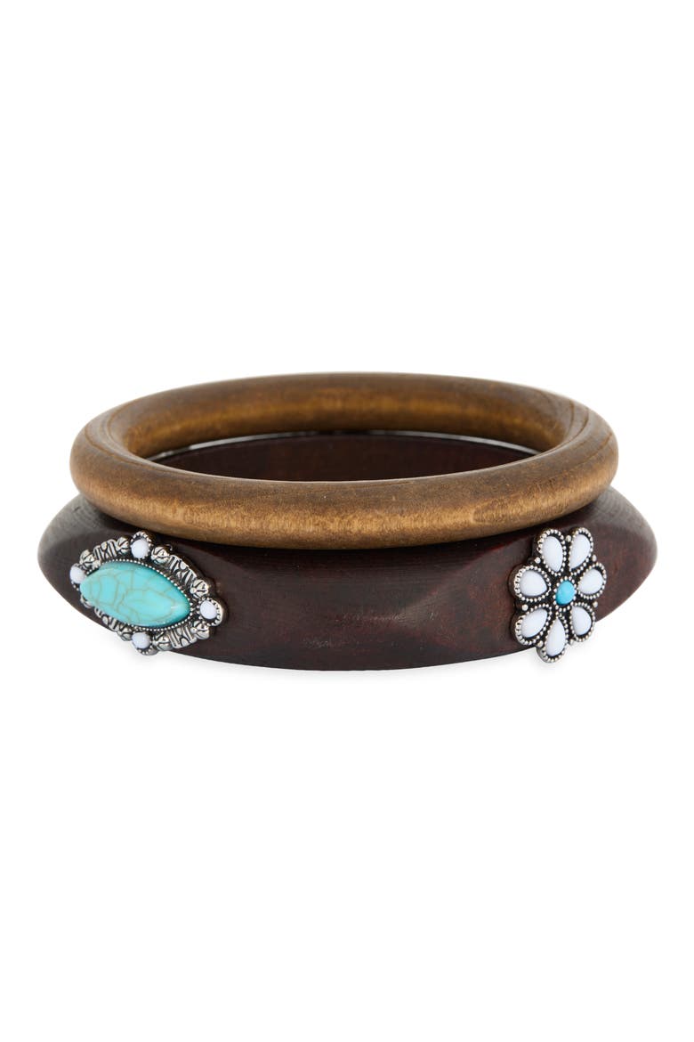 Set of 2 Flower Wood Bangles, Main, color, BROWN MULTI- SILVER