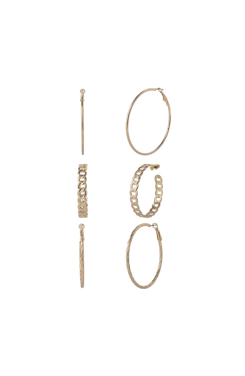 Jessica Simpson 3-Piece Hoop and Chain Hoop Earring Set in Gold-Tone, Alternate, color, Gold