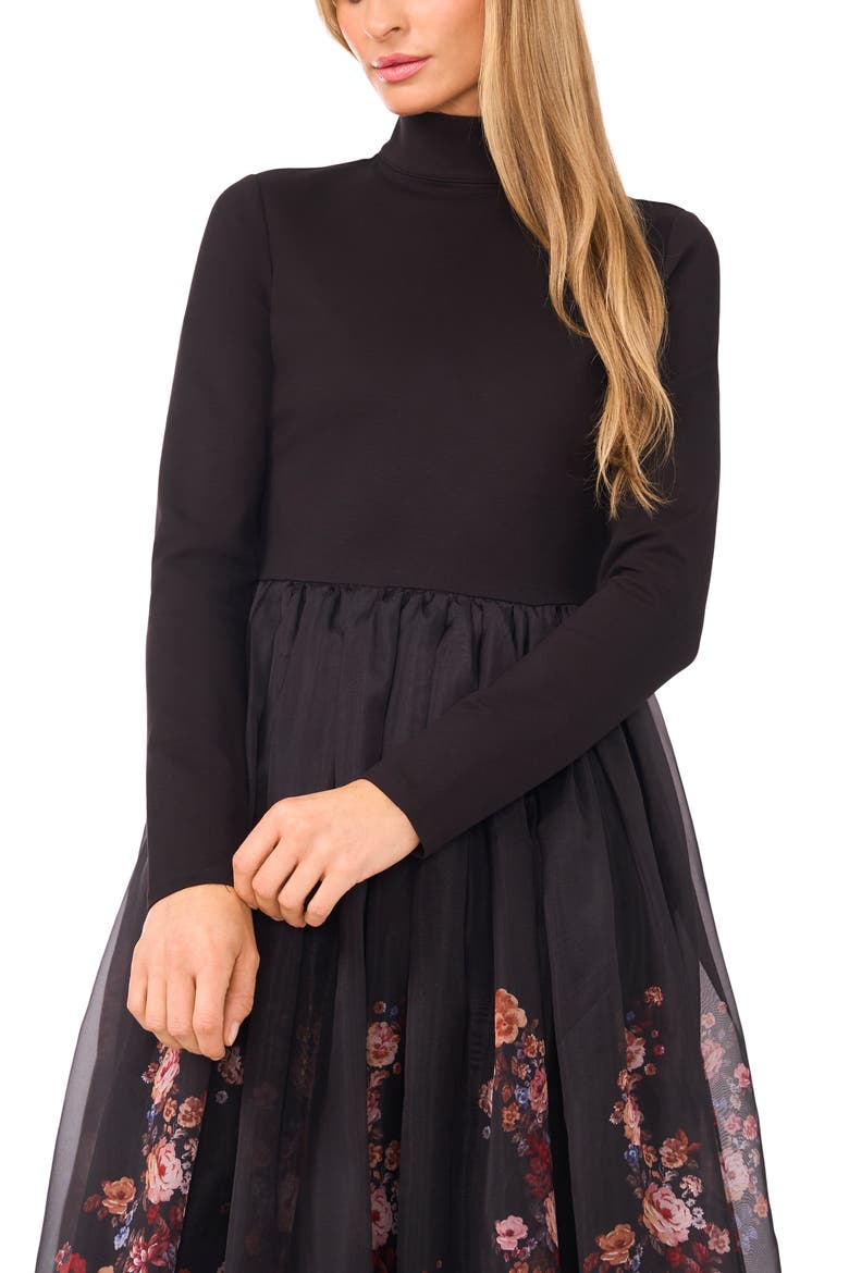 Floral Long Sleeve Mixed Media Dress, Alternate, color, RICH BLACK