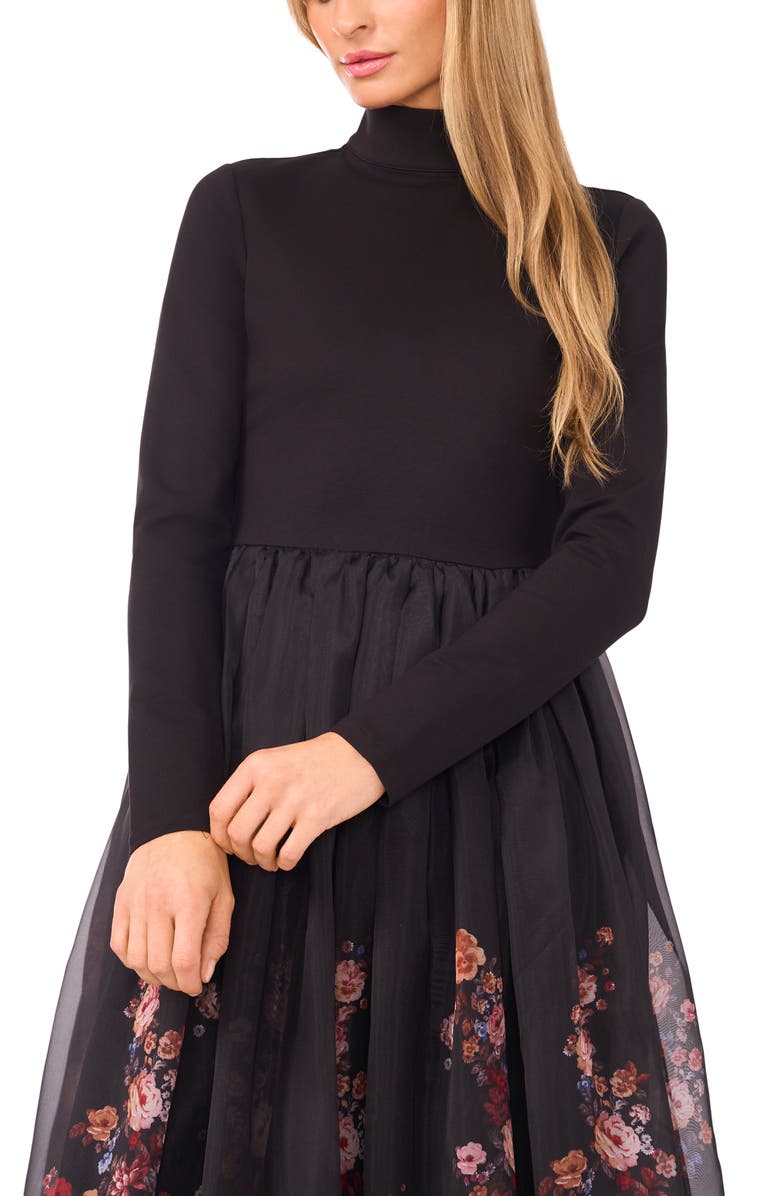 Ted Baker Floral Long Sleeve Mixed Media Dress, Alternate, color, Rich Black