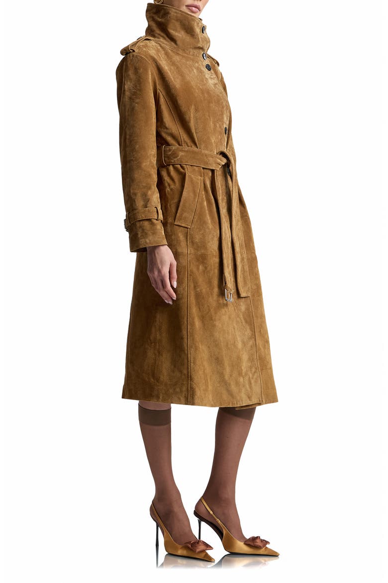 Funnel Neck Slouchy Leather Trench Coat, Alternate, color, WHISKEY