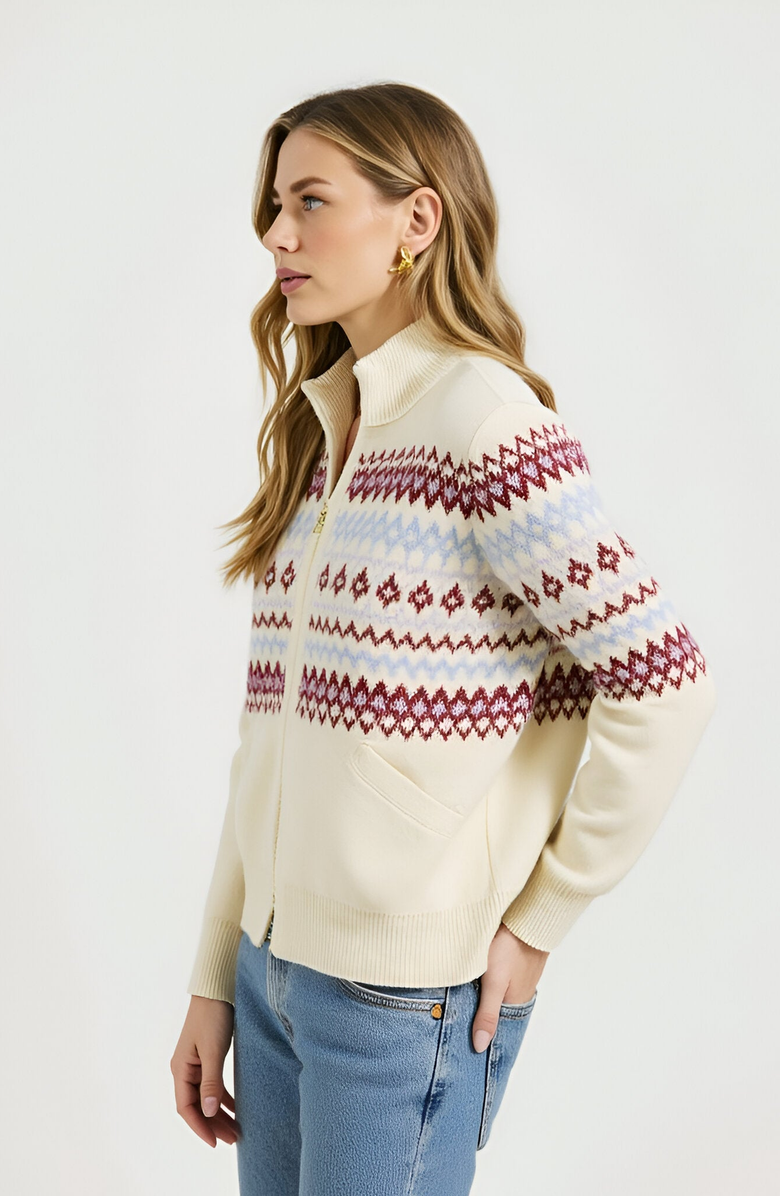 Modenaire Fair Isle Zip Cardigan with Ribbed Trim, Alternate, color, Fair Isle