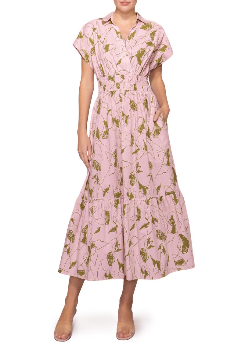 Short Sleeve Poplin Tiered Midi Dress, Main, color, LIGHT PINK OLIVE PRINT