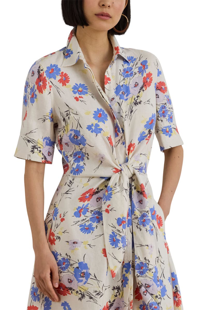 Lauren Ralph Lauren Floral Linen Shirtdress, Alternate, color, Cream Multi