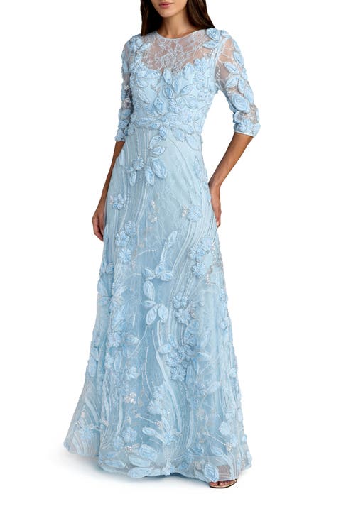 3/4 Sleeve High Neck Embroidered A Line Gown