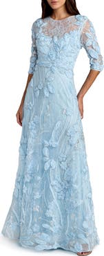 Mac Duggal 3/4 Sleeve High Neck Embroidered A Line Gown