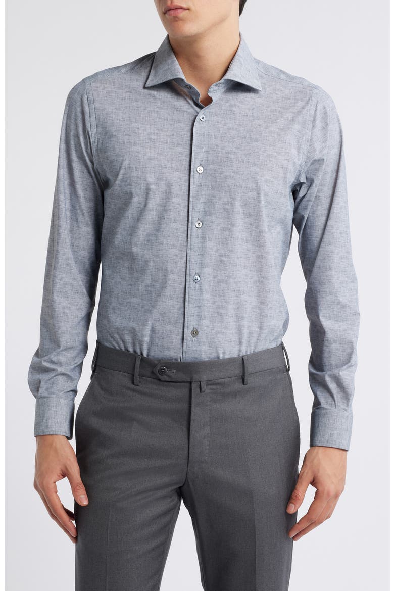 Jagged Heathered Herringbone Print Knit Nylon Blend Dress Shirt, Main, color, GREY