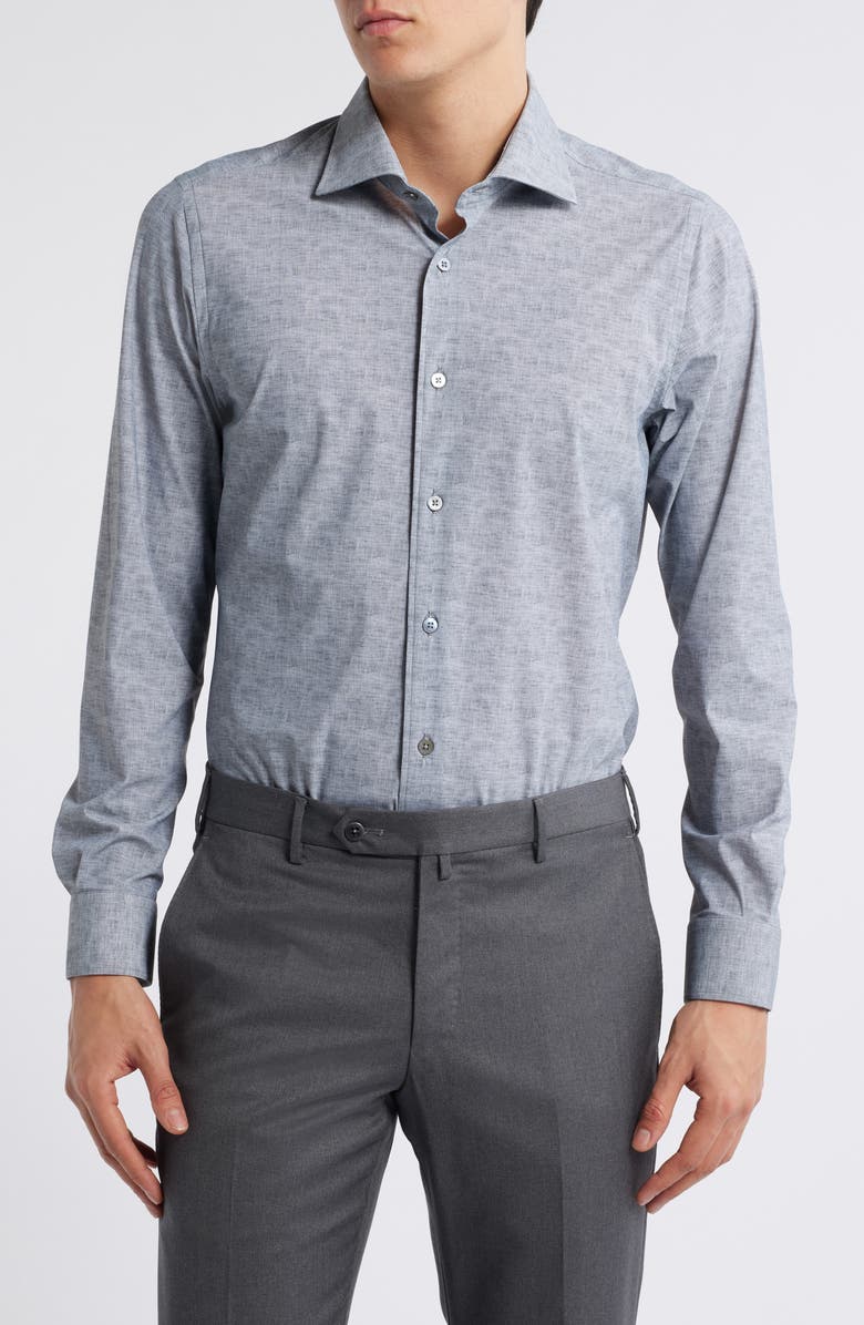 Zanella Jagged Heathered Herringbone Print Knit Nylon Blend Dress Shirt, Main, color, Grey