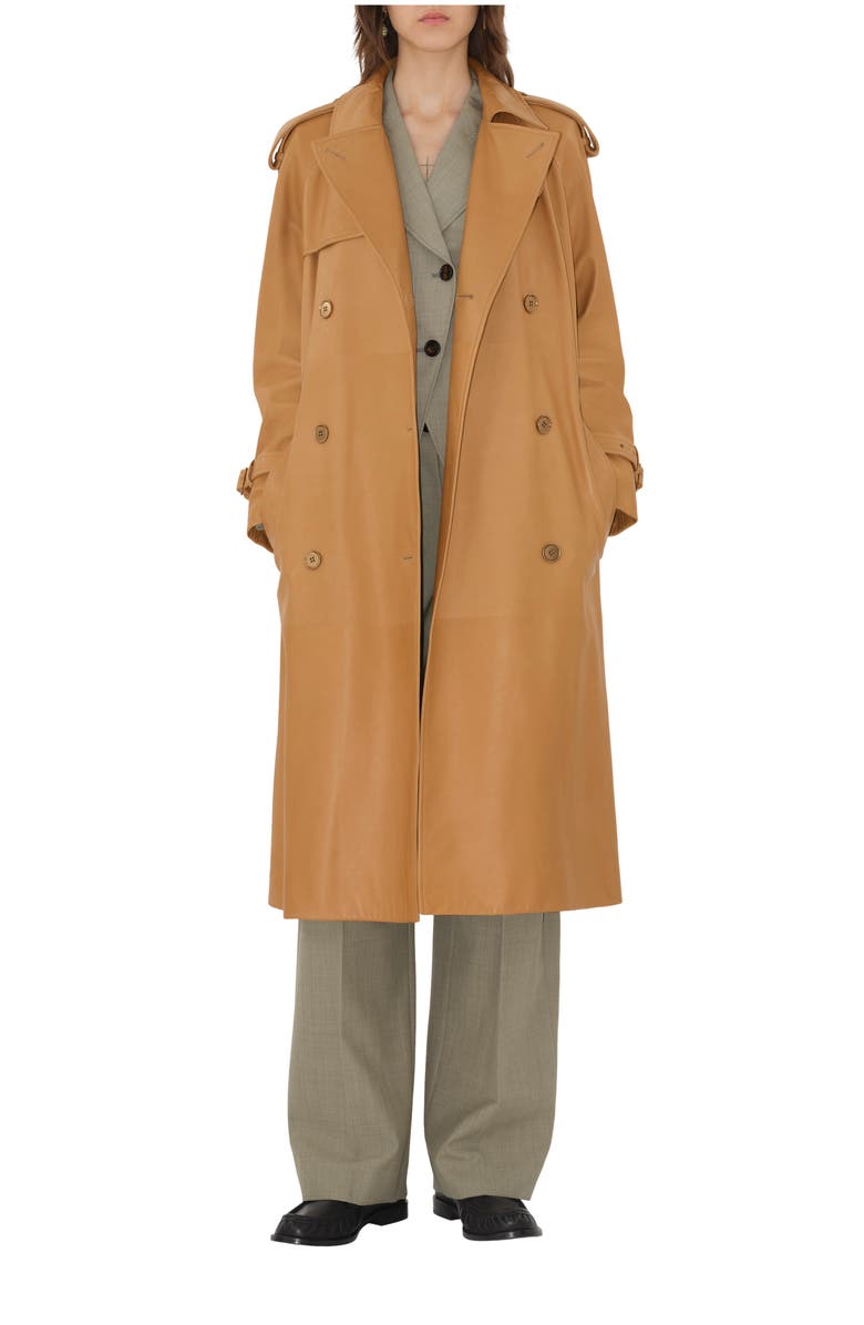 Burberry Long Leather Castleford Trench Coat, Main, color, Sepia