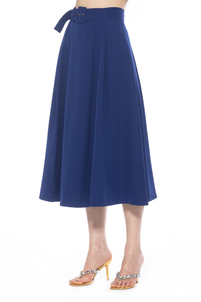 Belted A-Line Midi Skirt, Alternate, color, NAVY