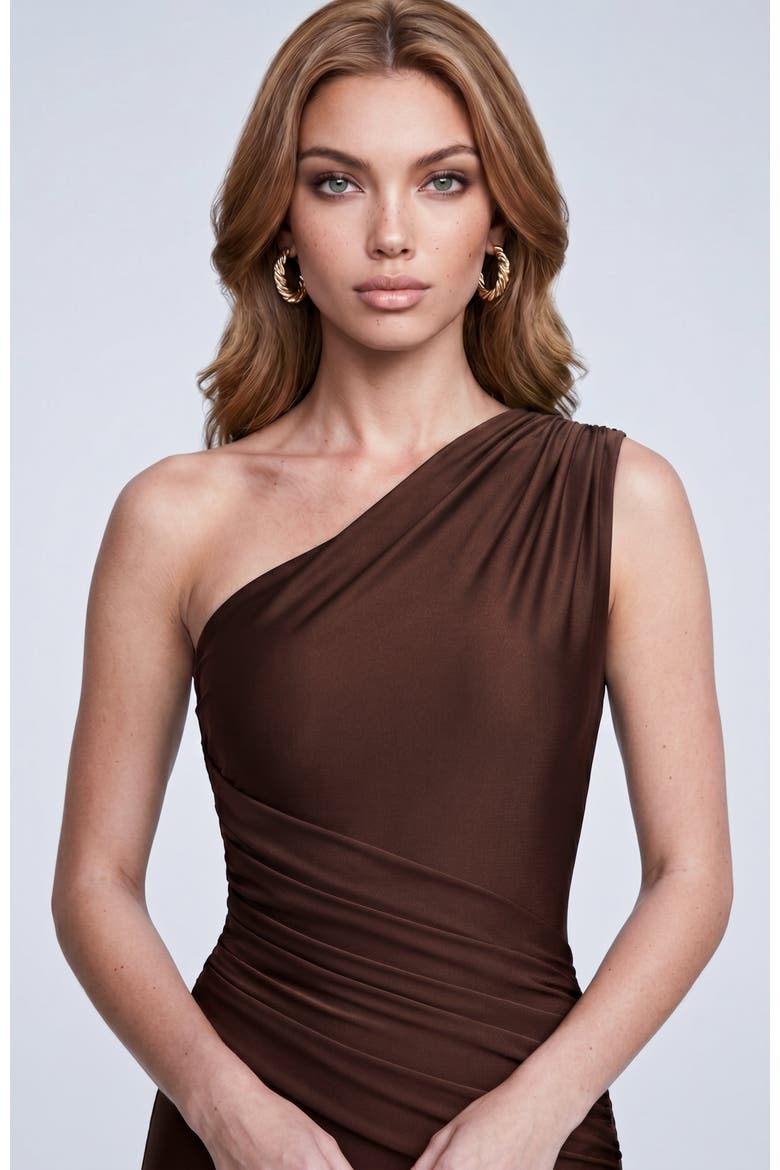 One Shoulder Ruched Mermaid Evening Gown, Alternate, color, Brown