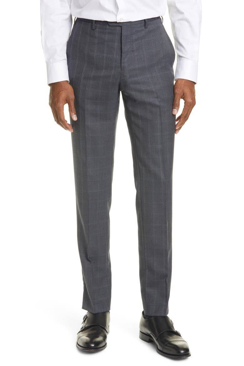 Trim Fit Grey Windowpane Wool & Silk Suit, Alternate, color, CHARCOAL
