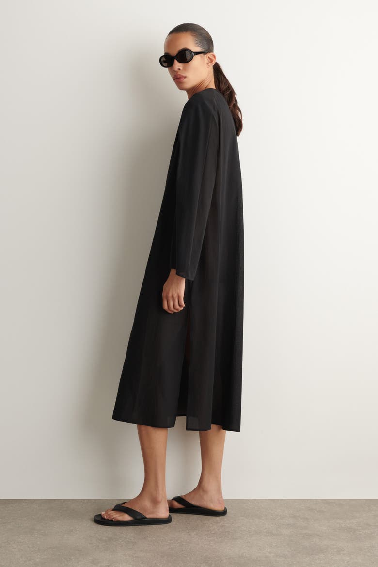 Gathered Lightweight Cotton Midi Dress, Alternate, color, BLACK