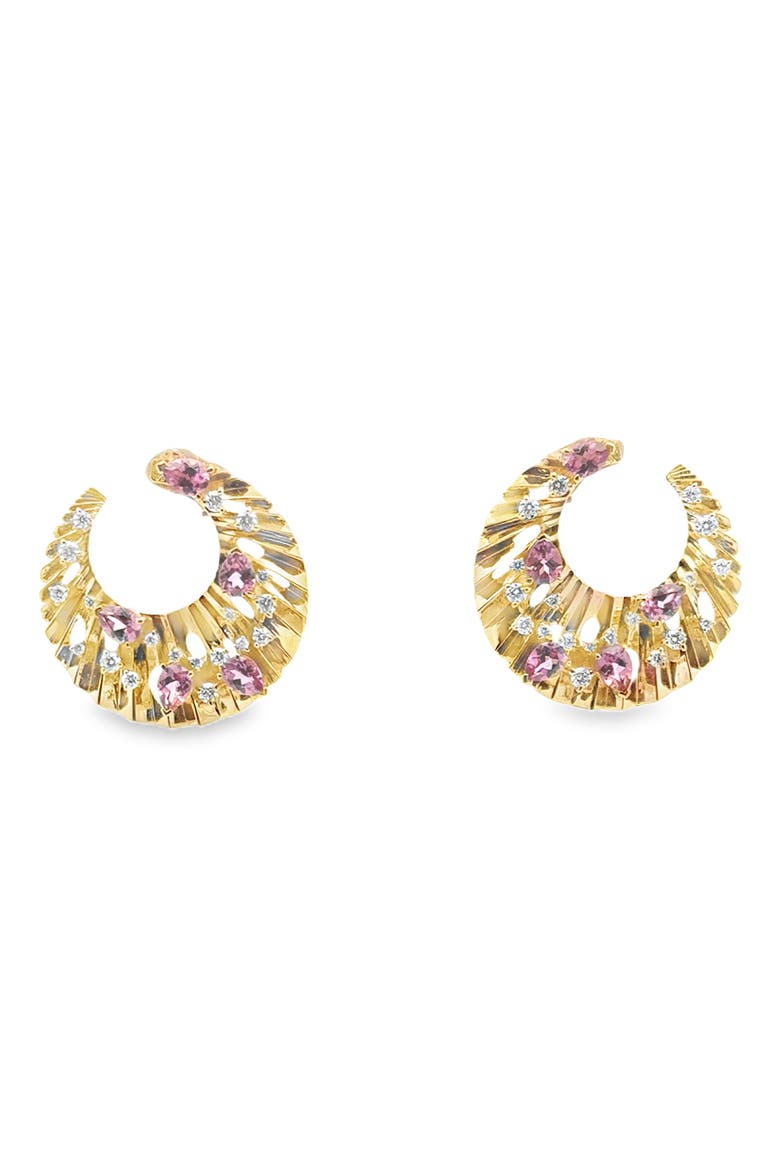 Bahia 18K Gold Diamond & Pink Garnet Hoop Earrings, Main, color, YELLOW GOLD