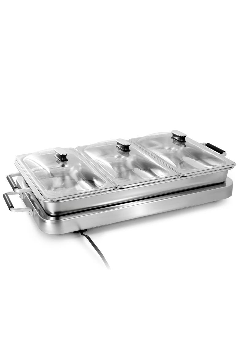 3-in-1 Electric Chaffing Buffet Server and Warming Tray with Triple 2.63 Quart Trays and 8.6 Quart Baking Pan, Alternate, color, Grey