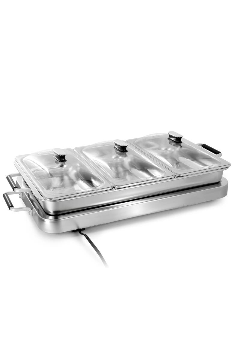 Megachef 3-in-1 Electric Chaffing Buffet Server and Warming Tray with Triple 2.63 Quart Trays and 8.6 Quart Baking Pan, Alternate, color, Grey