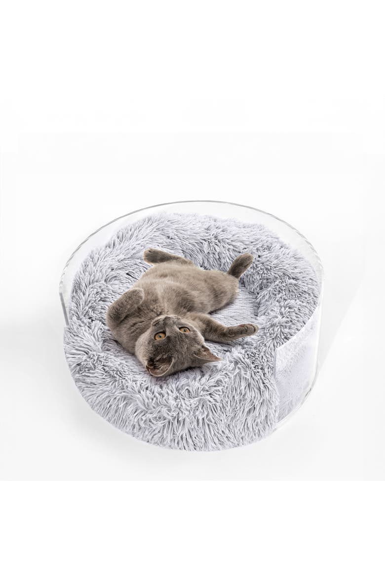 Bette 20.75" x 20.75" Small/Medium Modern Lucite Calming Fluffy Donut Pet Bed with Washable Cover, Main, color, Light Gray/Clear