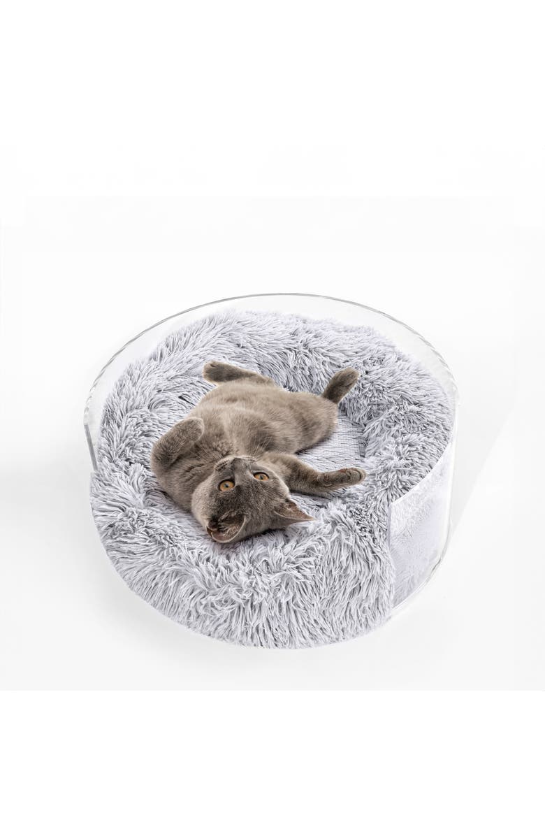 The Licker Store Bette 20.75" x 20.75" Small/Medium Modern Lucite Calming Fluffy Donut Pet Bed with Washable Cover, Main, color, Light Gray/Clear