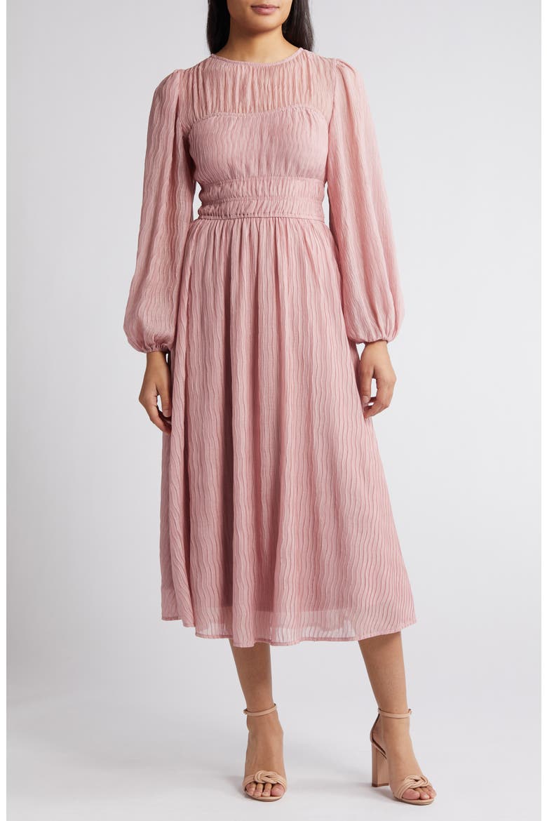 Shirred Long Sleeve Midi Dress, Main, color, BLUSH