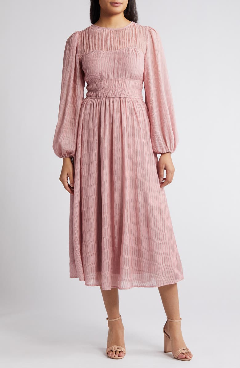 ZOE AND CLAIRE Shirred Long Sleeve Midi Dress, Main, color,