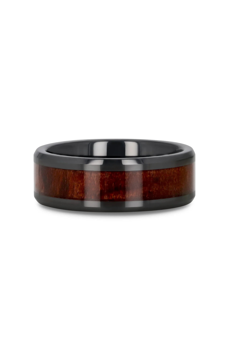Larson Jewelers Benny Ceramic Beveled Wedding Band, Alternate, color, Black / Bubinga Wood