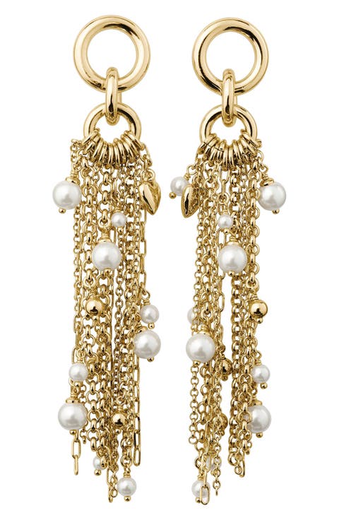 chain reaction faux pearl tassel drop earrings