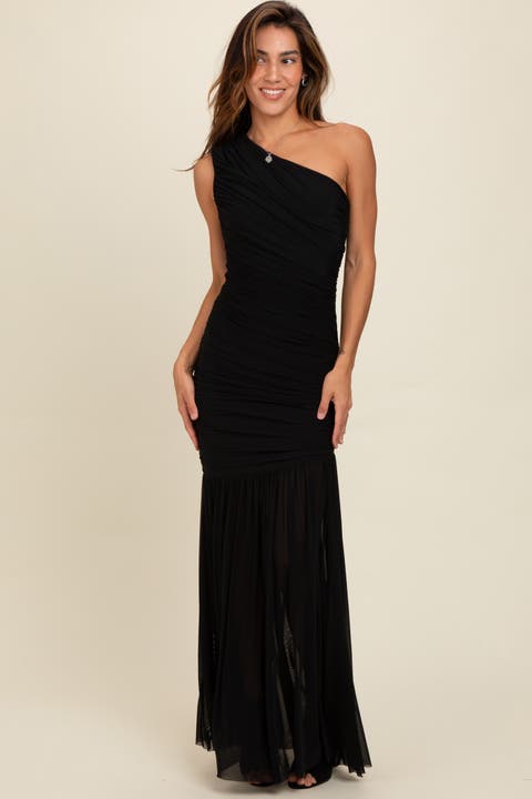 Ruched Mesh One Shoulder Maxi Dress