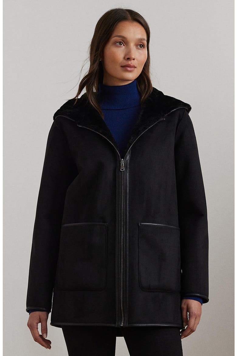 Reversible Hooded Faux Fur Coat, Alternate, color, BLACK