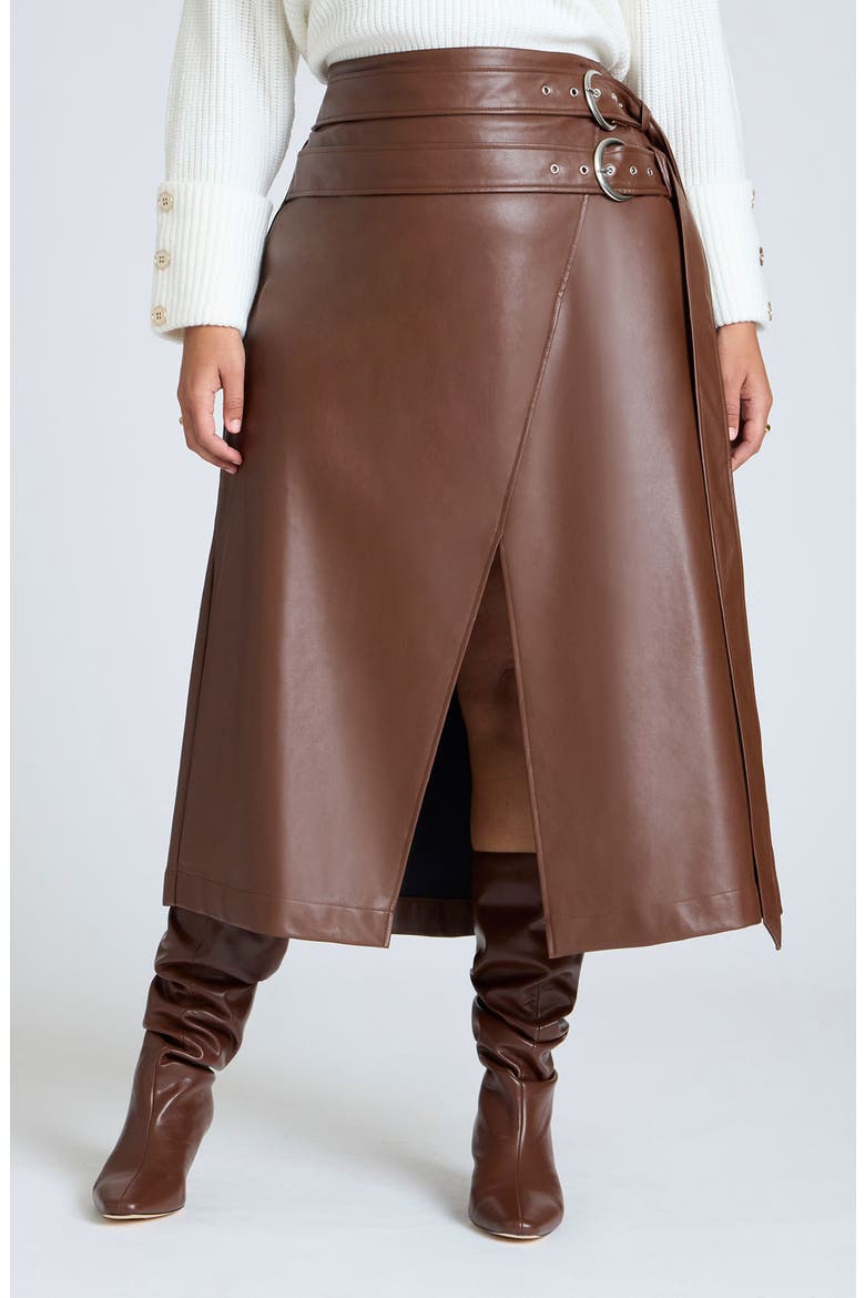 Double Belted Faux Leather Skirt, Main, color, ROCKY ROAD