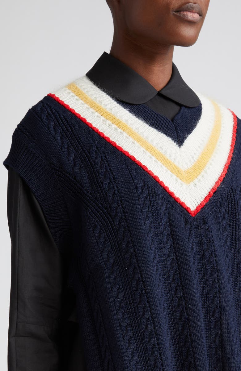 Tao Comme des Garçons Tie Accent Cable Knit Cotton & Wool Blend V-Neck Sweater Vest, Alternate, color,