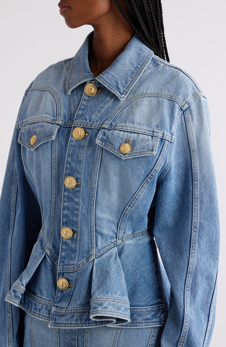 Balmain Peplum Denim Jacket, Alternate, color, 