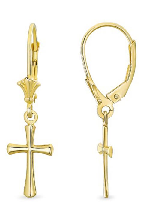 14k Gold Cross Lever Back Drop Earrings