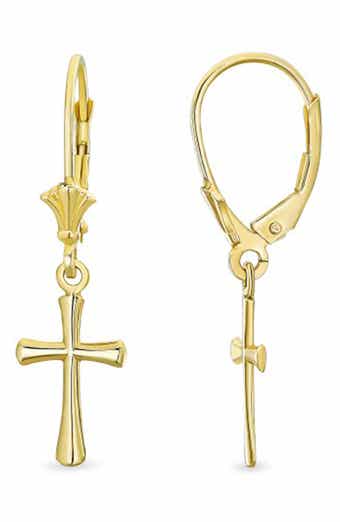 14k Gold Cross Lever Back Drop Earrings