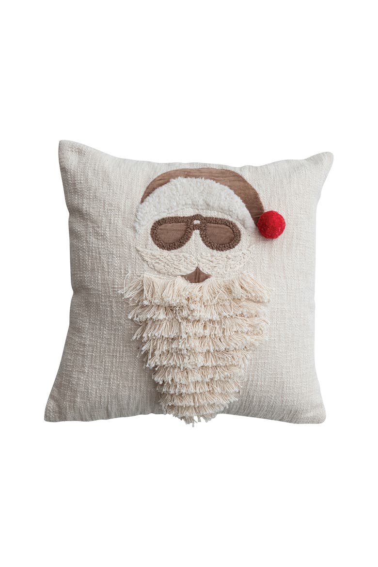 Woven Cotton Blend Slub Pillow with Embroidered Santa in Sunglasses, Multicolor, Main, color, Multicolor