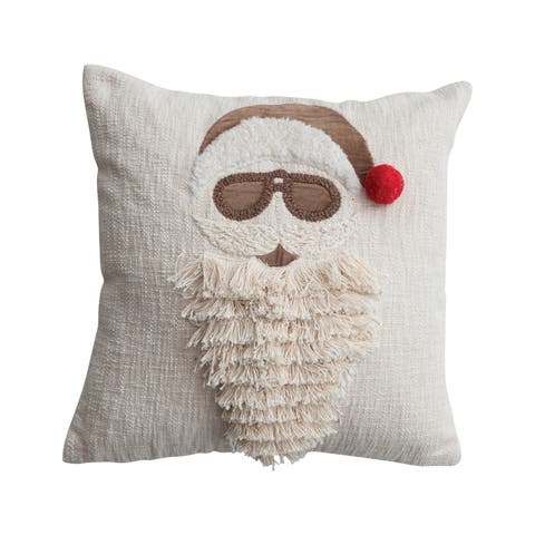 Woven Cotton Blend Slub Pillow with Embroidered Santa in Sunglasses, Multicolor