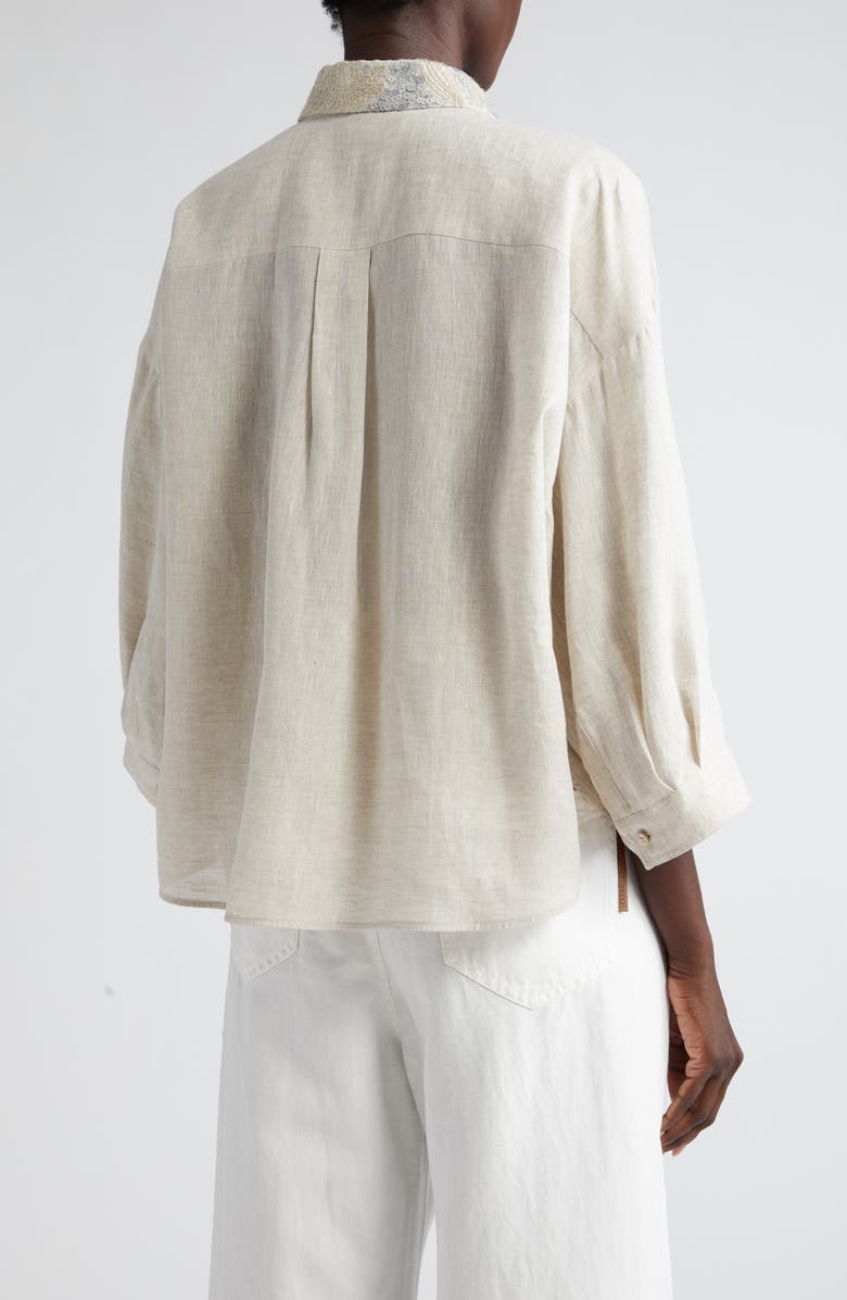 Brunello Cucinelli Bead & Sequin Embellished Collar Linen Button-Up Shirt, Alternate, color, 