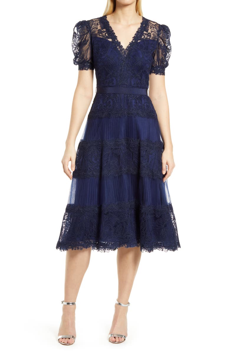 Tadashi Shoji Embroidered Lace Tiered Midi Dress, Main, color, Royal Navy