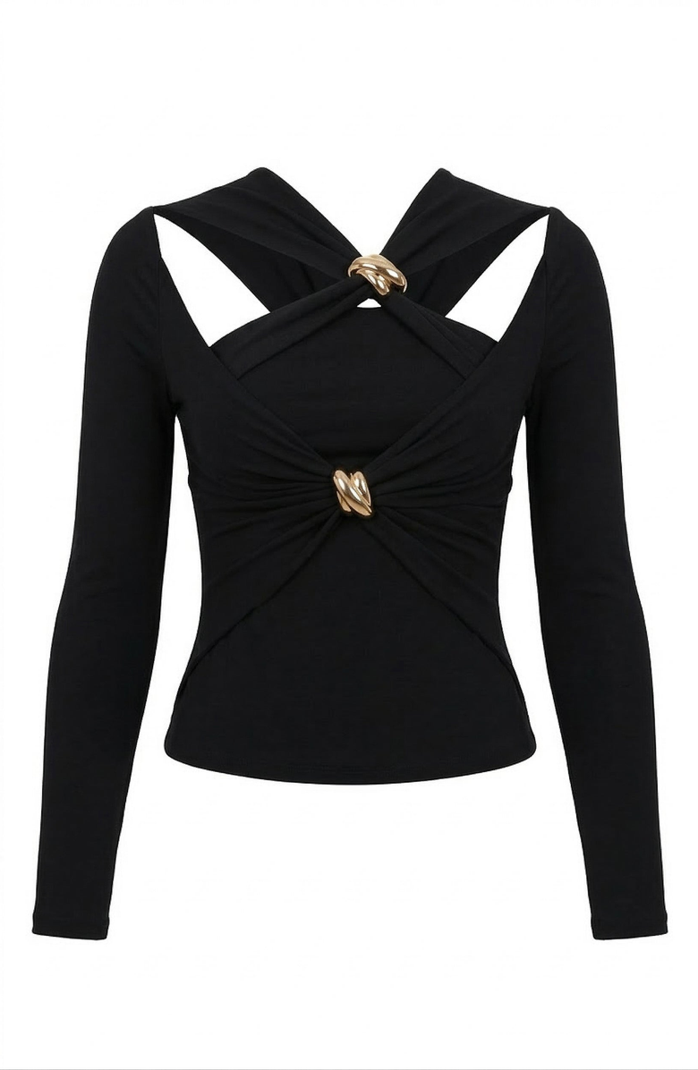 Modenaire Cutout Twist Front Top with Gold Hardware, Alternate, color, Black