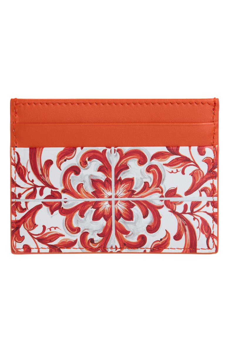 Dolce&Gabbana DG Logo Majolica Print Leather Card Case, Alternate, color, Ih3tn Maiolica 6 Orange