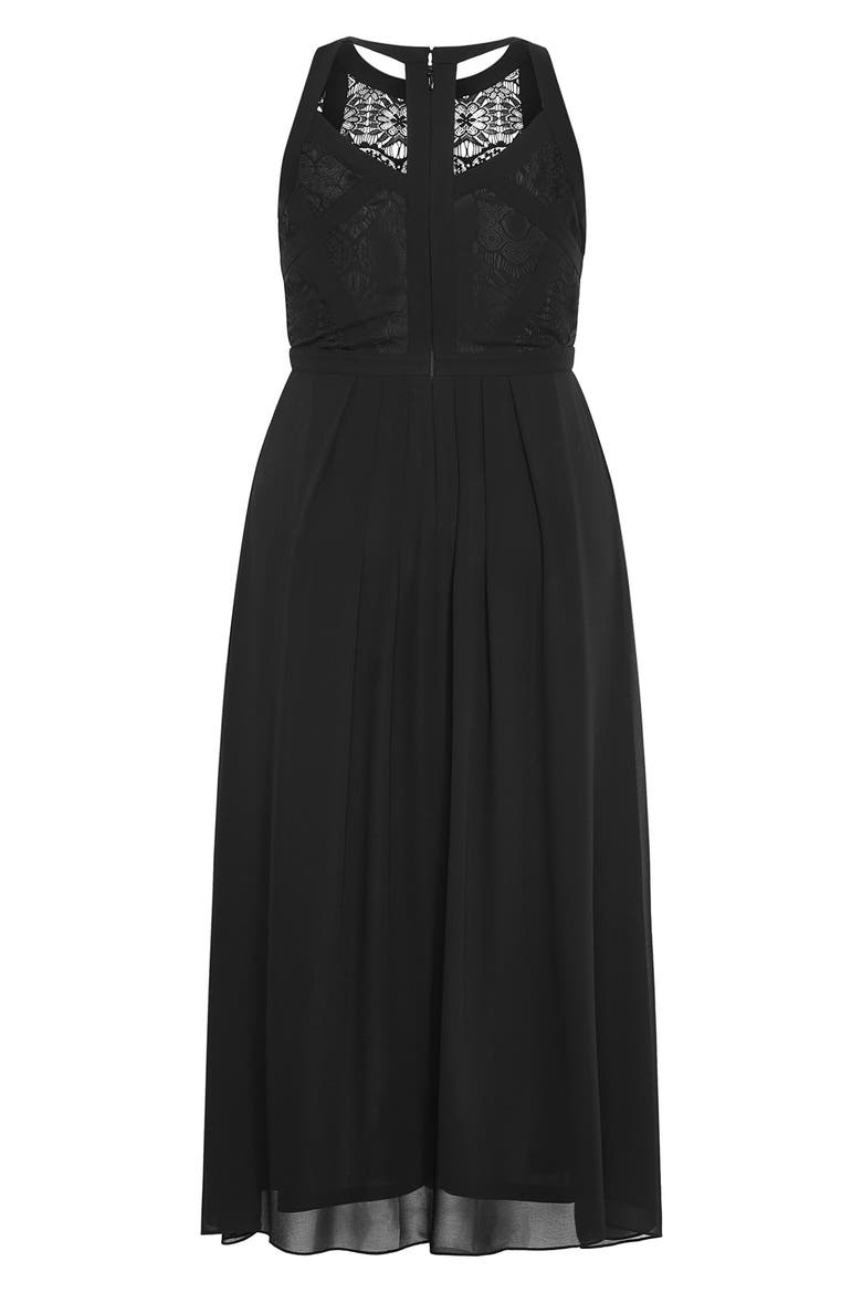 Lace Bodice Pleated Dress, Alternate, color, BLACK