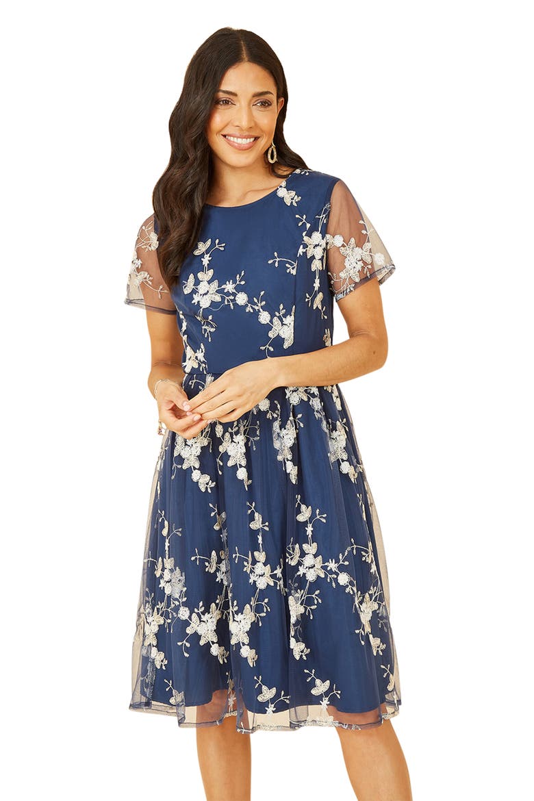 Embroidered Floral Skater Dress, Alternate, color, Navy