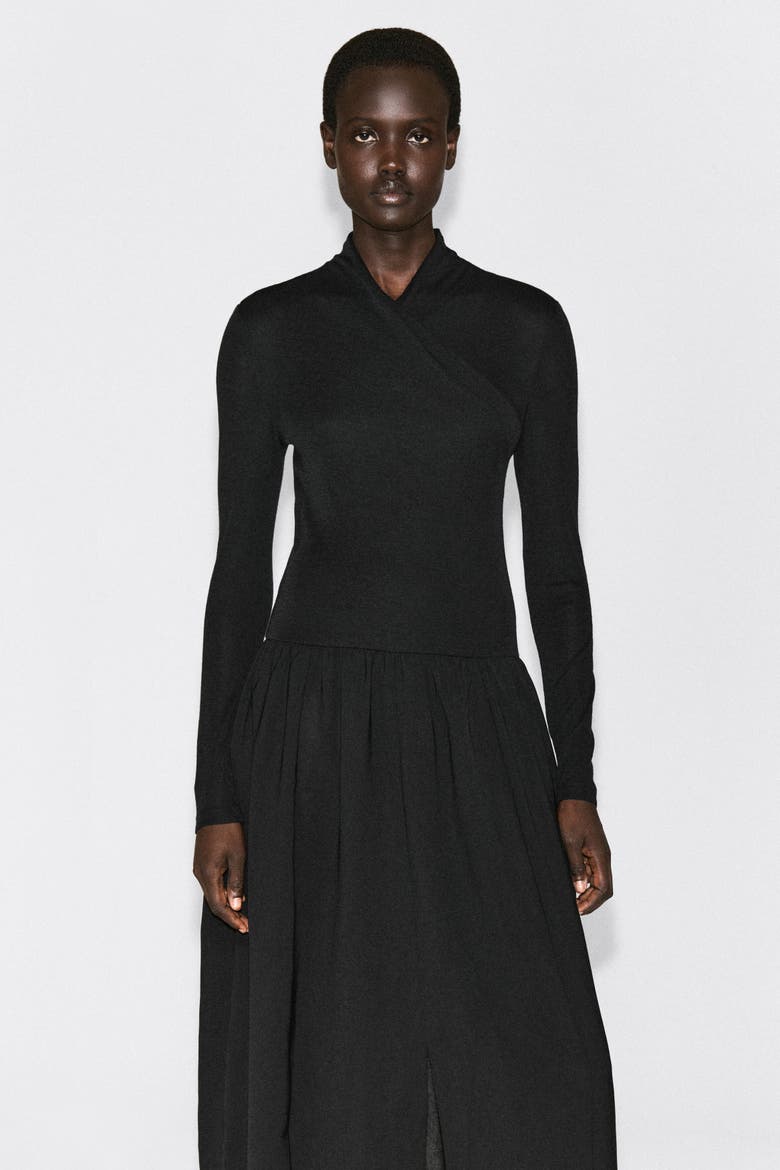 Contrast-panel Wrap-over Dress, Alternate, color, BLACK