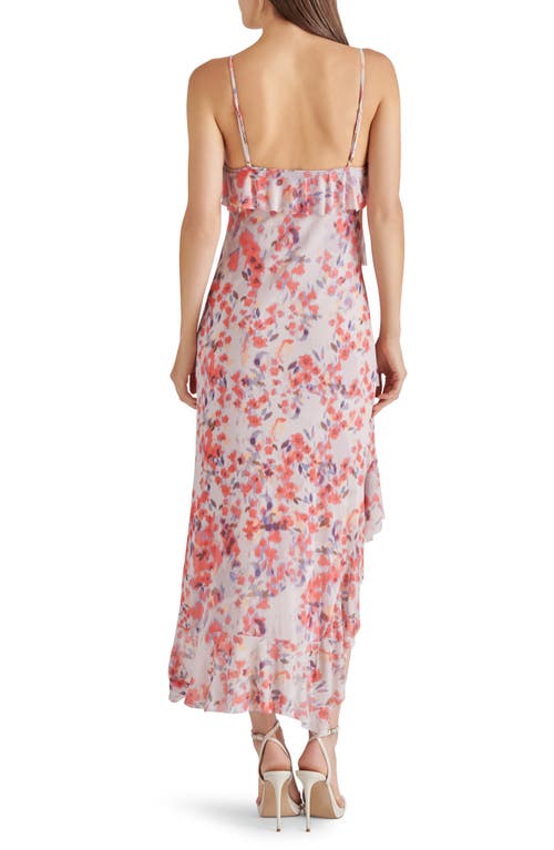 Steve Madden Aida Floral Print Ruffle Sleeveless Asymmetric Midi Dress In Dusty Lavender