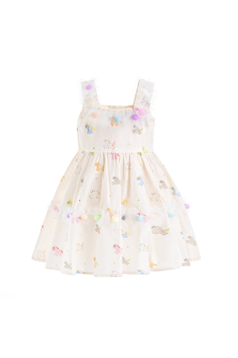 Lunaria Animal Print Pom-Pom Dress, Main, color, White